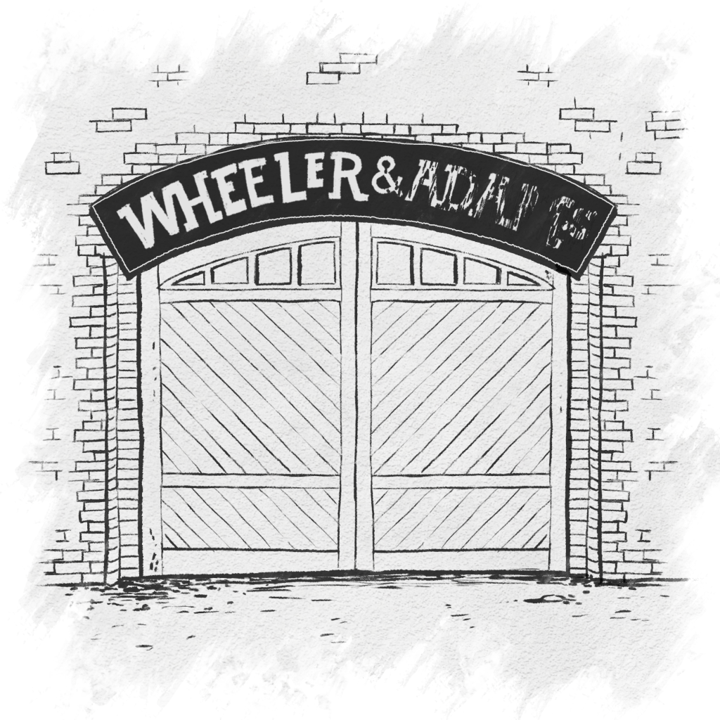 Image description: A drawing of a set of double doors in black on a white background. An arched sign over the doors reads “Wheeler & Adams.” The first name is clear, but the second is faded.